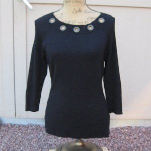 DEBBIE MORGAN Black Rib Knit sweater with Grommet details 3/4 Sleeves Sz L EUC